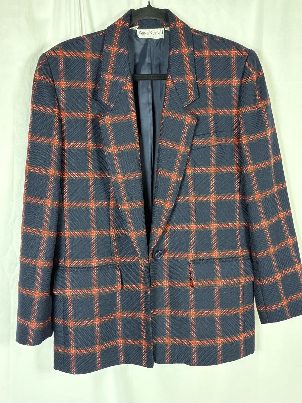 Anne Klein Navy Plaid Blazer with Rust Windowpane - Picture 5 of 8